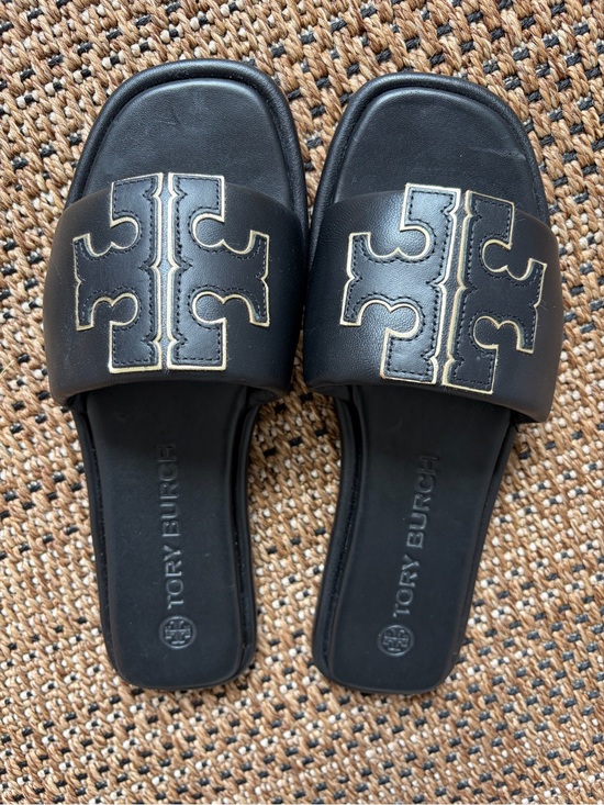 Tory Burch Shoes - Tory Burch Black Logo Slide Sandals with Gold Trim